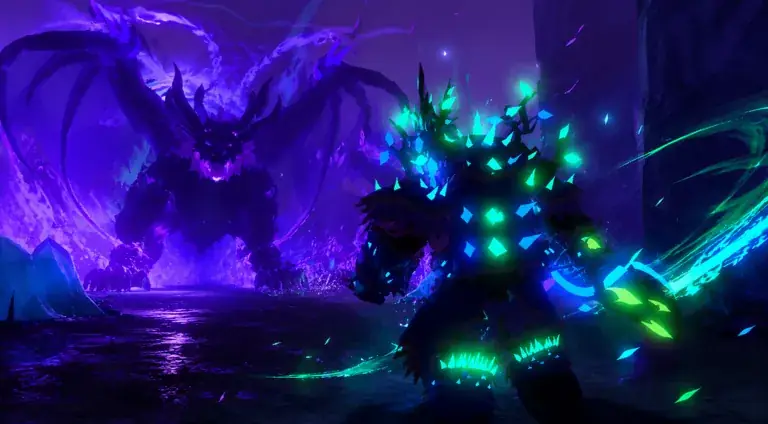 Guerreiro com armadura brilhante frente a um dragão sombrio roxo