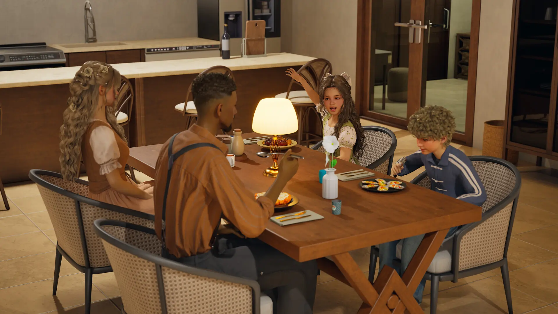 Family gathered for dinner, with the youngest daughter excitedly raising her arm