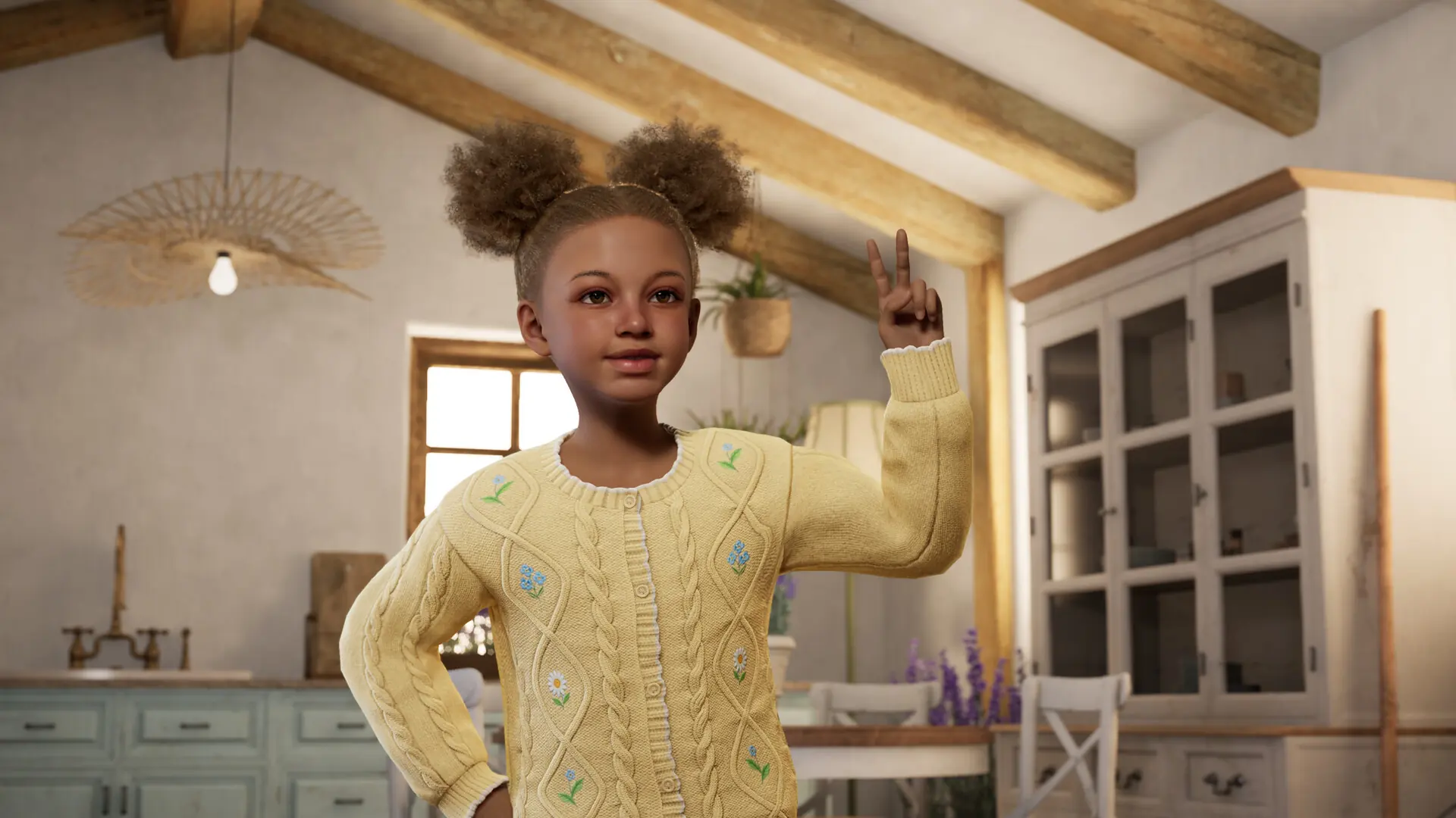 Child with afro puffs and a yellow cardigan making a peace sign