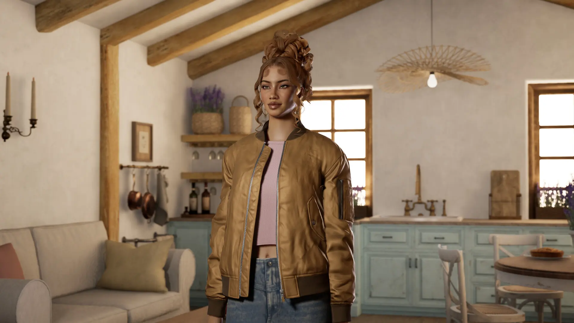 Outfit customization: a Zoi in a gold bomber jacket in a cozy kitchen