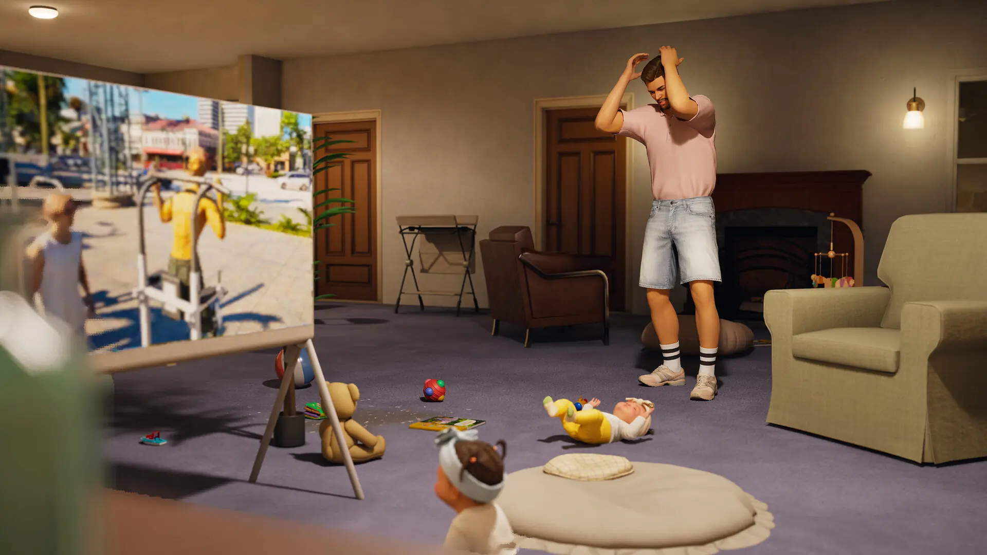 Overwhelmed dad in the living room, surrounded by baby toys, with an exercise video playing on TV