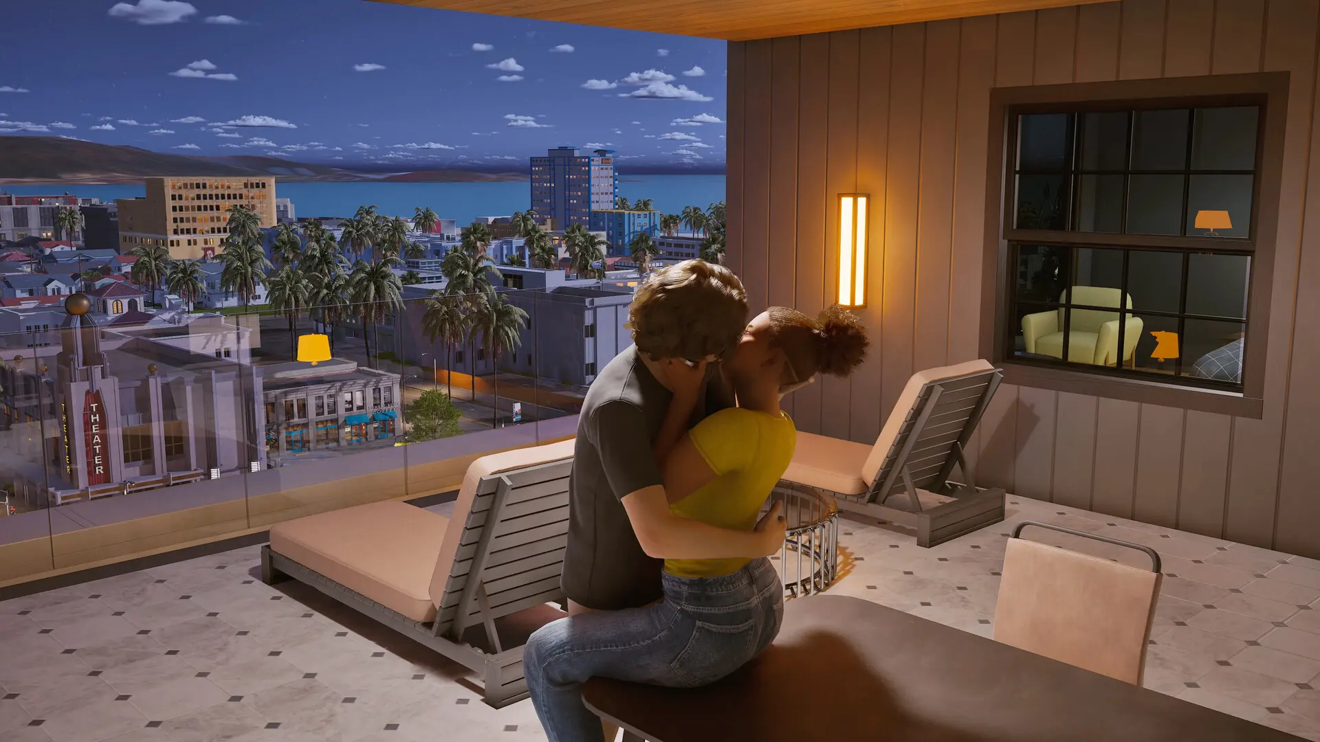 Couple kissing on a balcony, with the lit-up city in the background