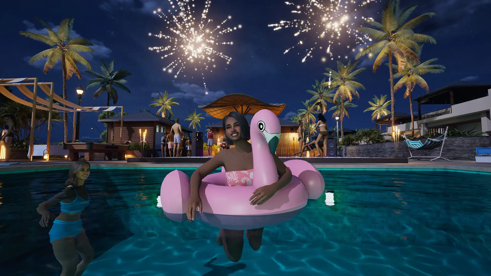 Poolside party at night, with fireworks and a flamingo-shaped float