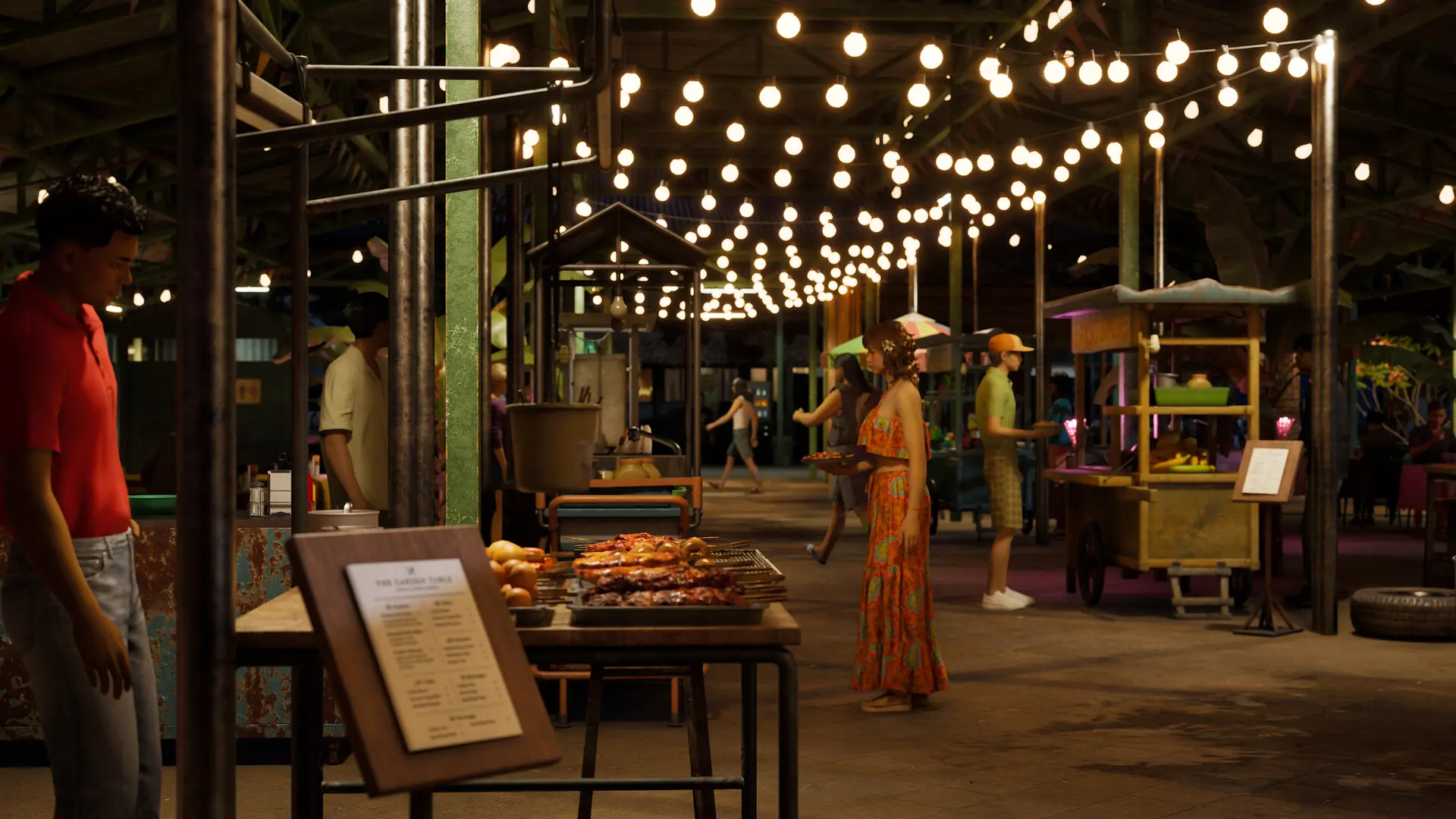 Night street food market, with hanging lights and food stalls